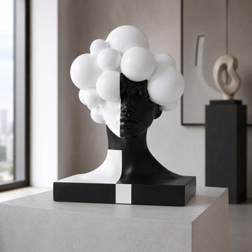 Checkered Modern Abstract Bust Statue Decor, Black and White Art Face Sculpture,Large Resin Woman Head Figurine