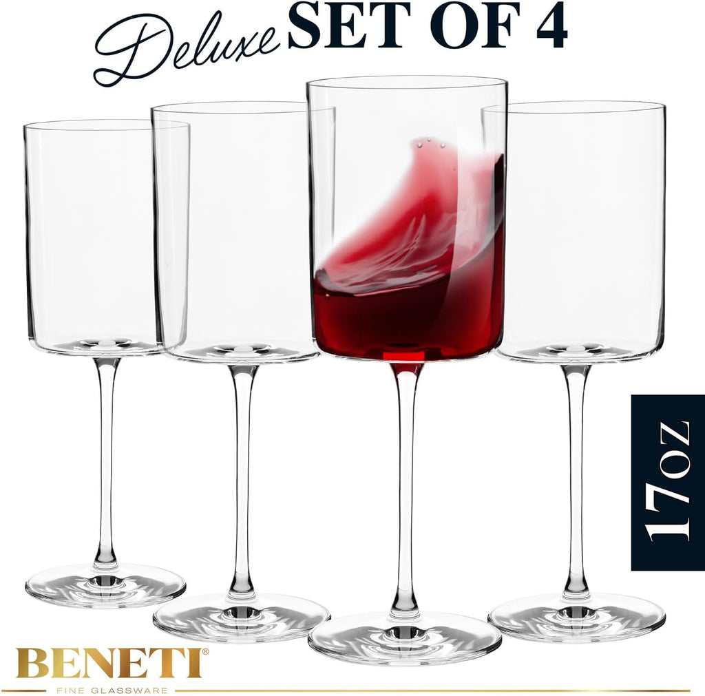 Square Crystal Wine Glasses Set Of 4 - European-made Handblown 14 oz Gift Packed Glasses - Large White & Red Wine