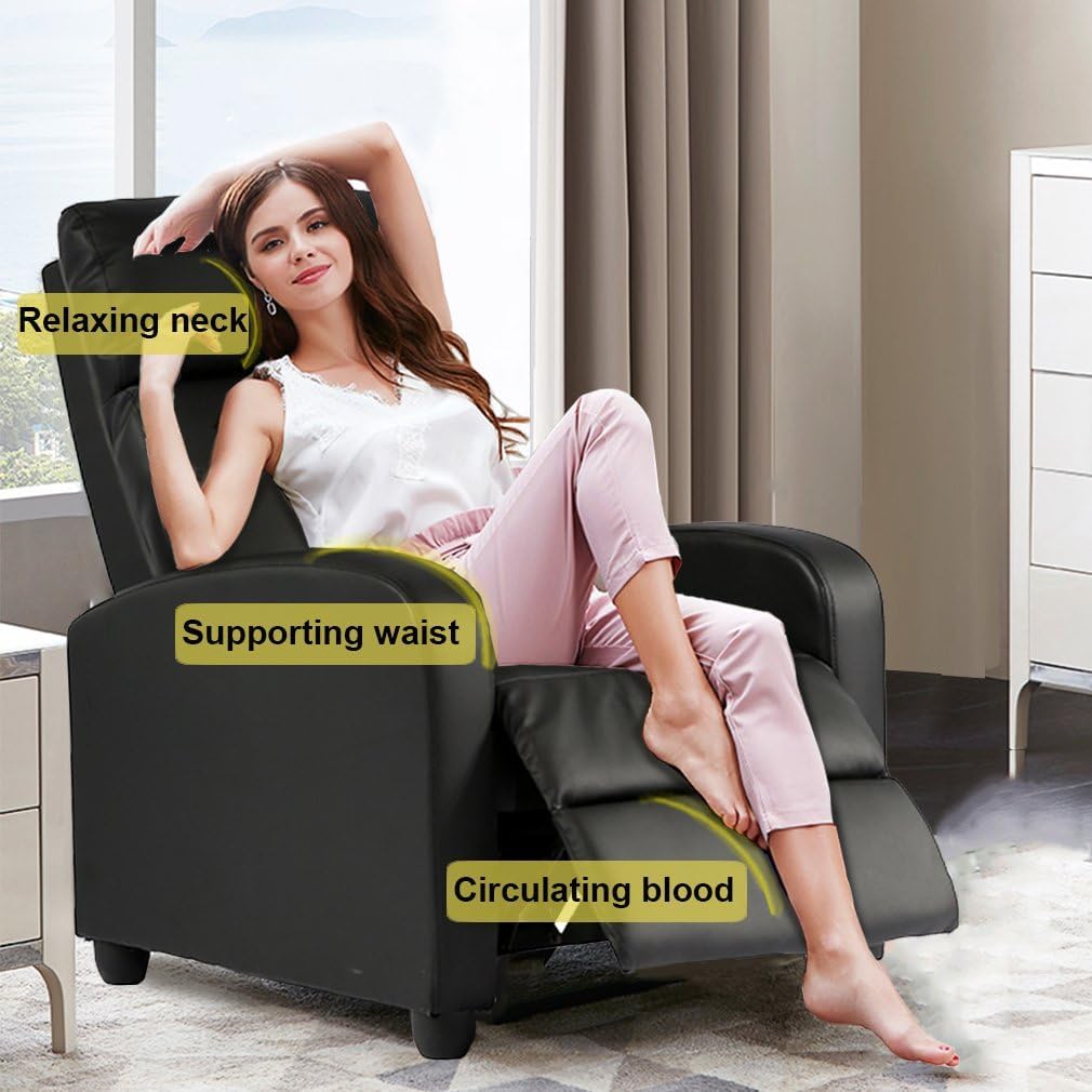 Recliner Chair | No Massage Function | Leather Black | with Lumbar Support, Adjustable Push Back, Wide Armrests