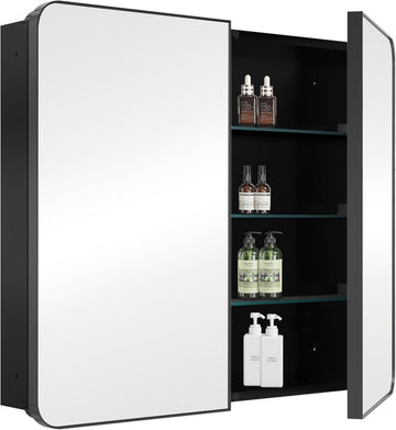 Bathroom Medicine Cabinet with 30"x26" Black Stainless Steel Framed Mirror,Recessed or Surface Mounted Bathroom