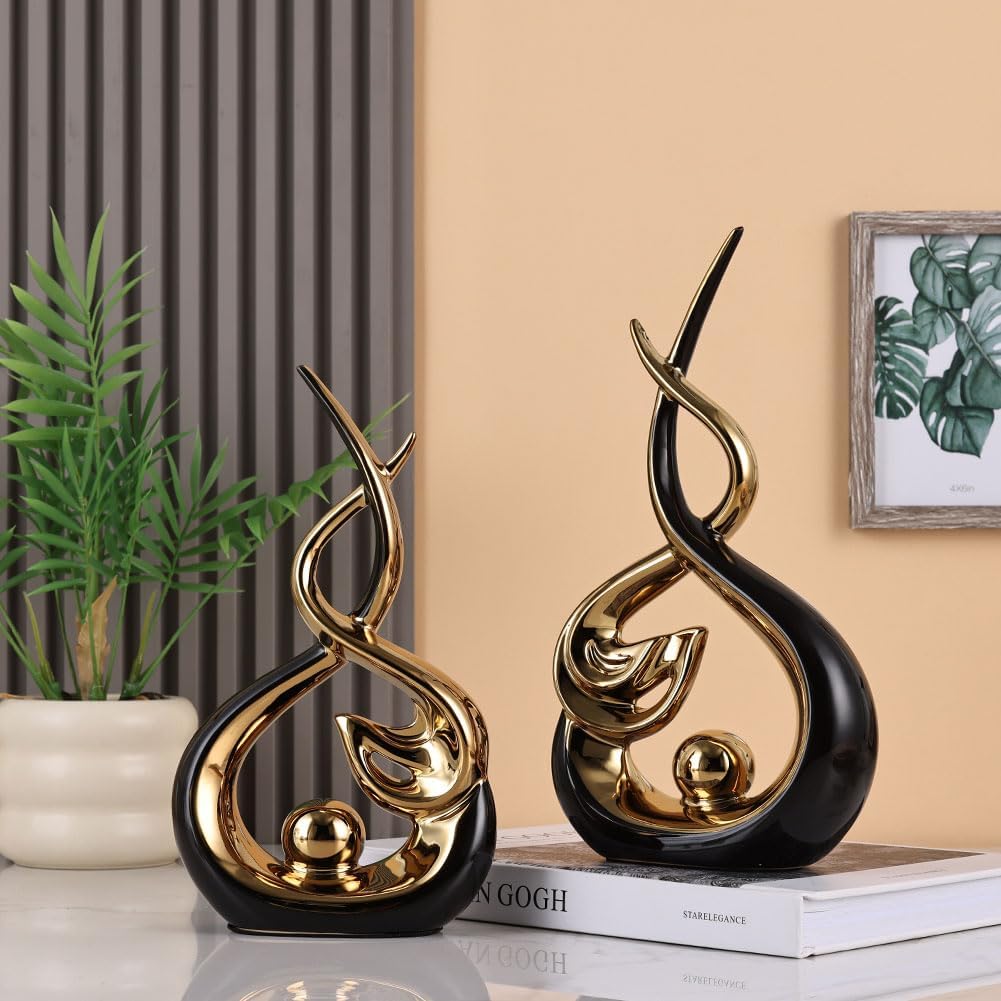 Home Decor Modern Abstract Art Ceramic Statue - Black and Gld Ceramic Sculpture, Dining Table Centerpiece Decor
