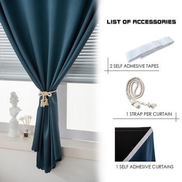 100% Blackout Stick Curtain Portable Black Out Curtains Adhesive Curtains Living Room No Drilling (Navy Blue, 47" W x