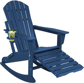 Adirondack Rocking Chair, Porch Rocker with Ottoman & Cup Holder | Multifunctional 4-in-1, Wood-Grain, HDPE All