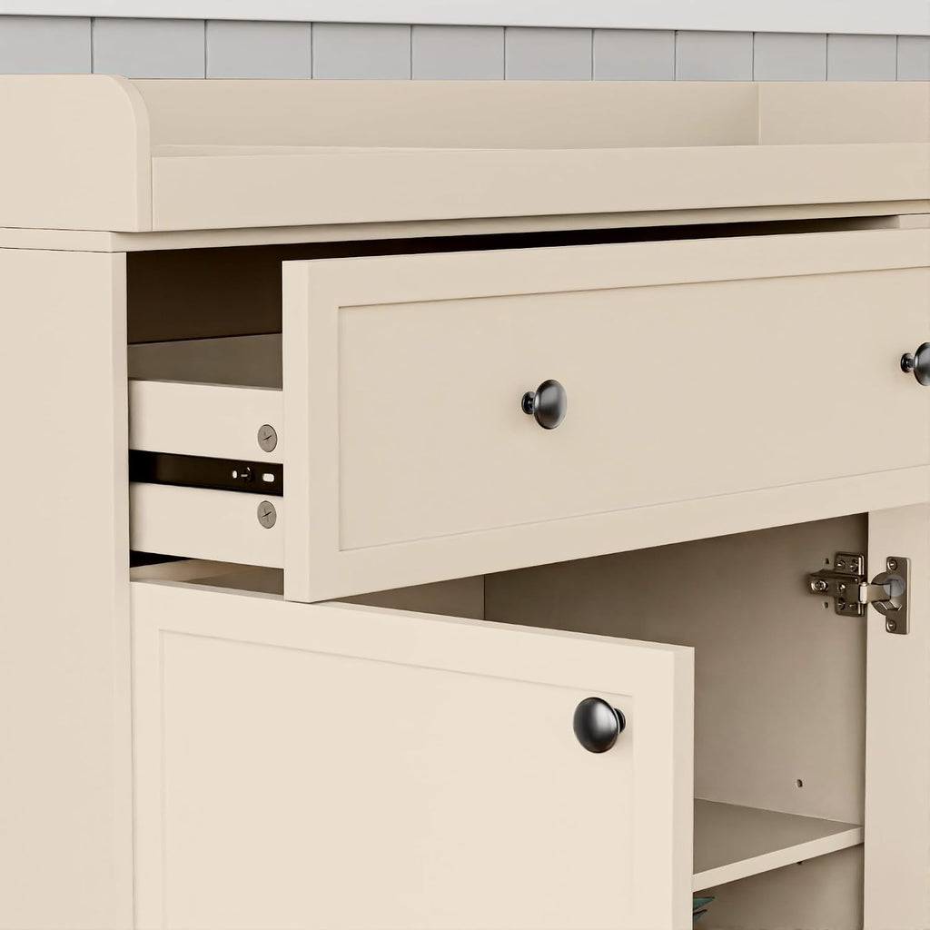 Wide Changing Table with 2 Doors, 2 Different Size Drawer&Storage Cubbies, Durable Wood Construction, Built-in