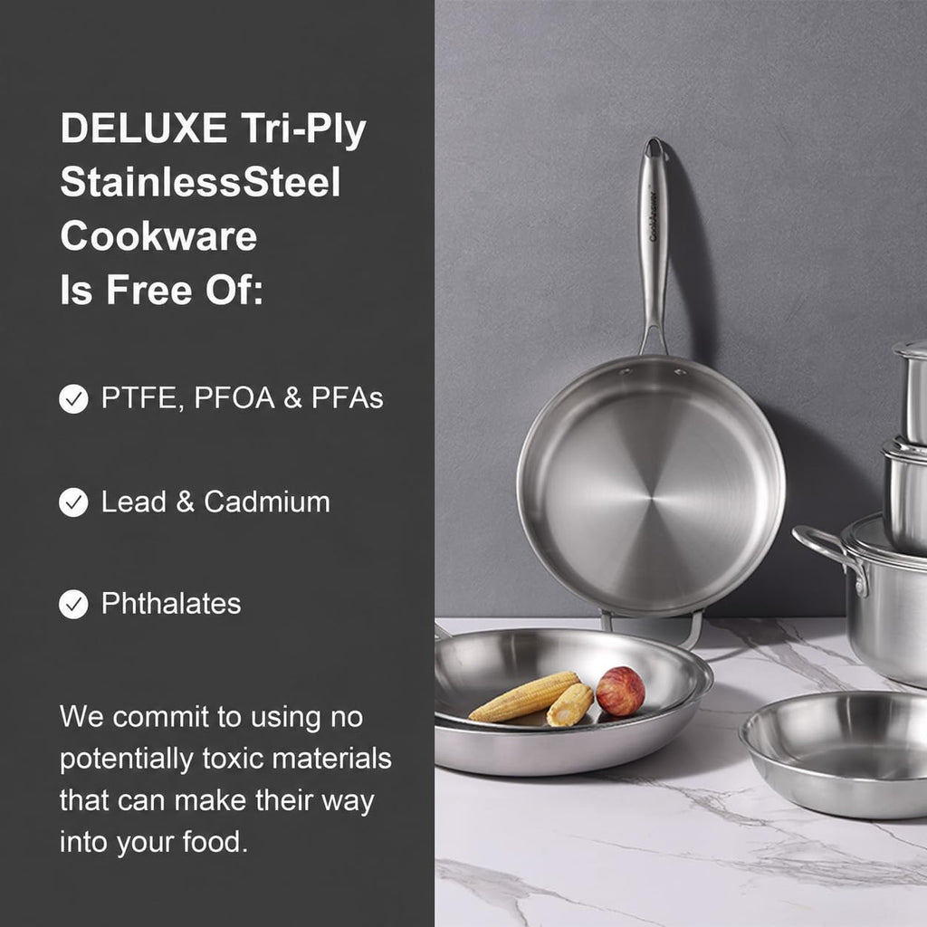 10-Piece Tri-Ply Stainless Steel Cookware Set | Induction-Ready, Glass Lids, Pots and Pans Kitchen Set, Riveted