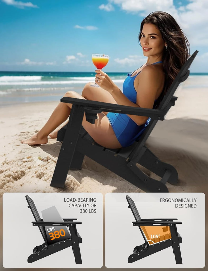 Folding Adirondack Chair, Wooden Textured Plastic Adirondack Chairs with 2 Cup Holder, Weather Resistant HDPE Fire