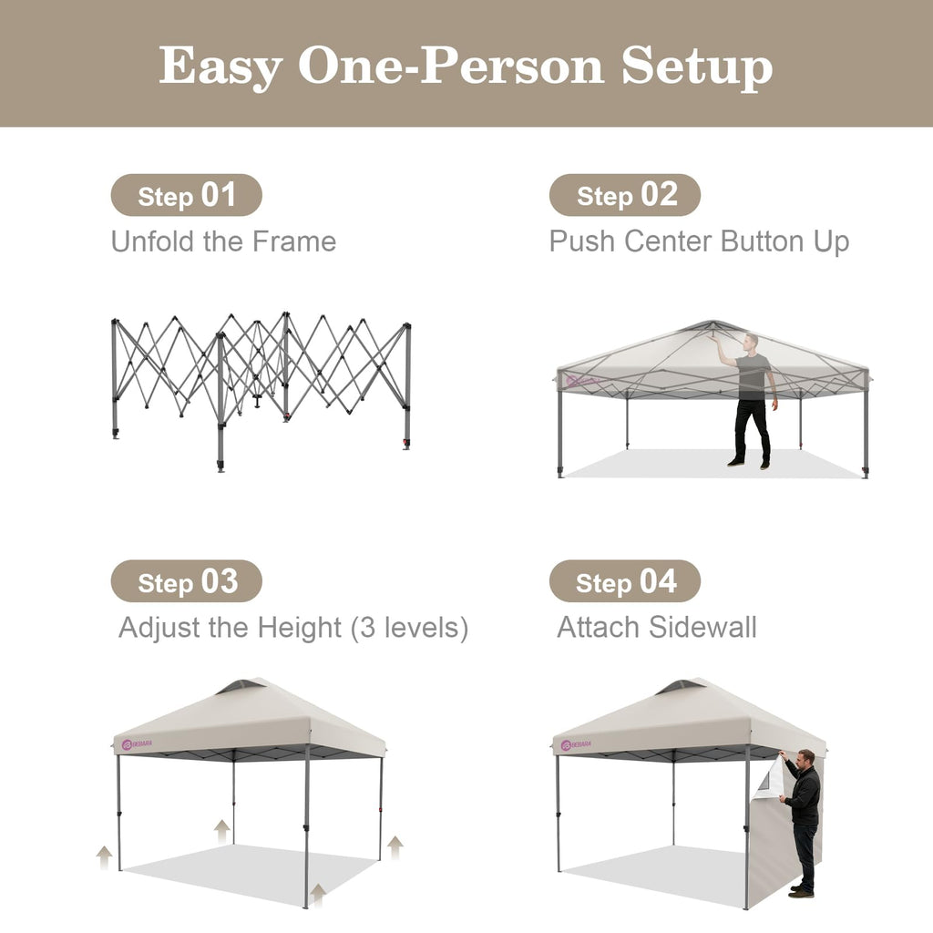 10x10 Pop Up Canopy with Sidewall, One Push Easy Setup, Beige
