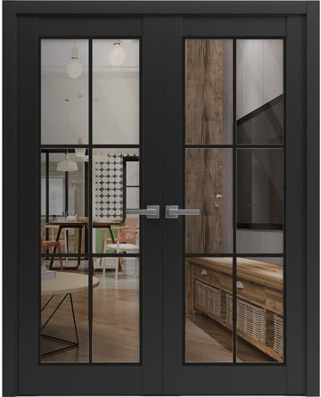 Lucia 2366 | Double Swing Interior French Doors with Glass, Solid Wood, Hardware Included, 36x84, Bl