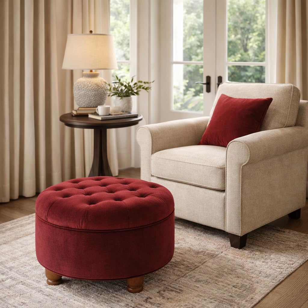 Home Decor |N8264-B119 | Large Button Tufted Velvet Round Storage Ottoman | Ottoman with Storage , Berry
