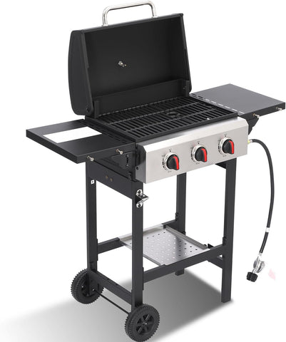 3-Burner Propane Gas Grill, 30,000 BTU BBQ Grill with Cast Iron Grates, 252 Sq. In. Cooking Area and Foldable Side Tables
