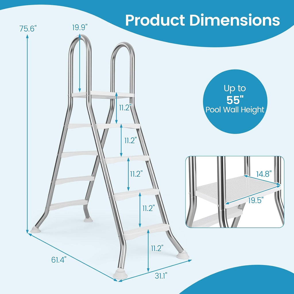 4-Step Steel Frame Above Ground Swimming Pool Ladder for 55" Pool Wall Heights, Double-Sided Entry & Exit Ladder
