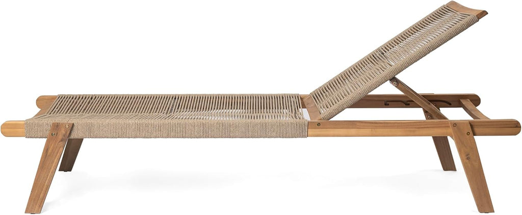 Set of 2 Outdoor Patio Wood Adjustable Chaise Lounges with Rope Seating, Rope Chaise Lounge with Acacia Wood Frame