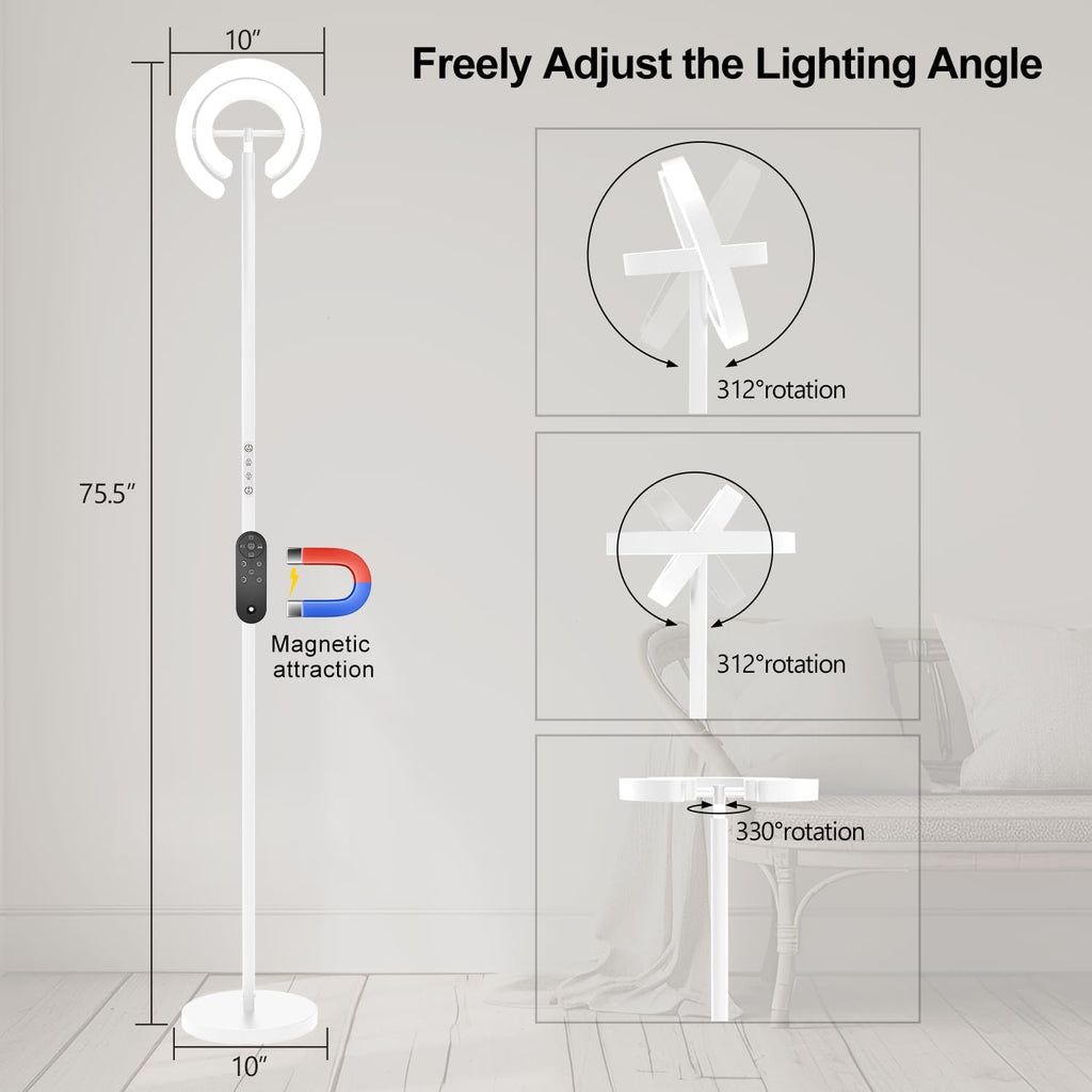Torchiere Floor Lamp, 75.5 Inch Tall Corner Standing Lamp with Rotatable Ring Lights