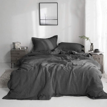 100% French Flax Linen Duvet Cover Set with Embroidery Washed - 3 Pieces (1 Duvet Cover with 2 Pillow Shams) with - Set of 3