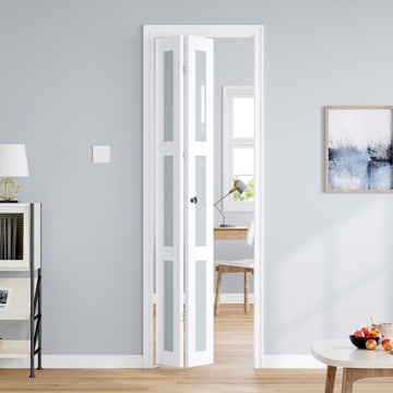 Bifold Doors for 24"×80" Opening, White Frosted Glass Folding Barn Door, Sliding Interior Wood Panel Closet Bifolding
