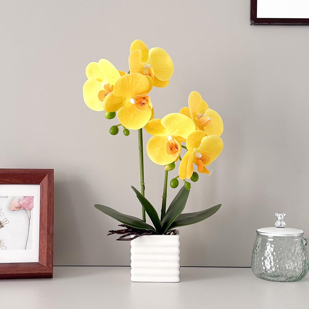 Artificial Orchids Decor Indoor with Vase Orchids Artificial Flowers Yellow Orchid Height 14 inches