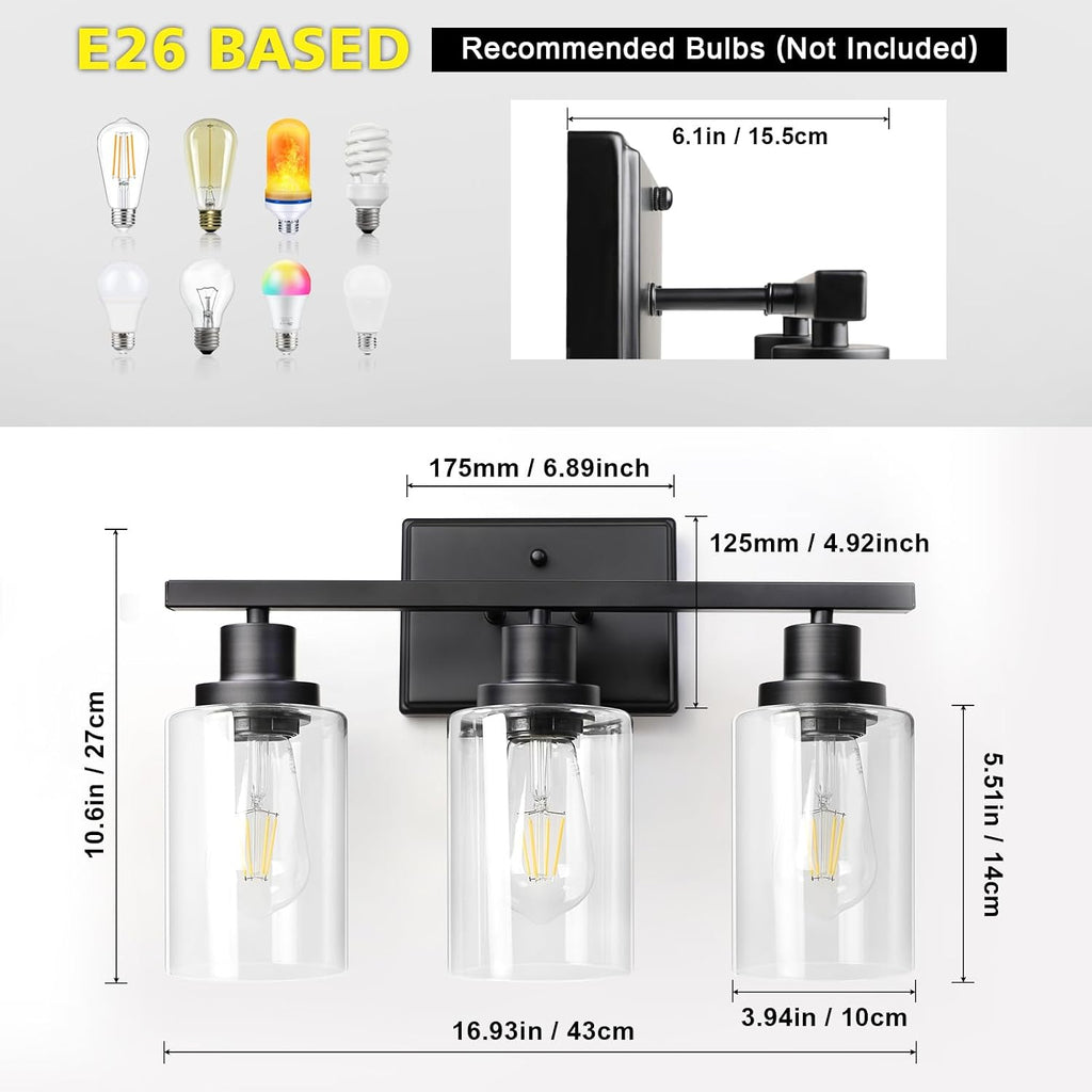 Bathroom Vanity Light Fixtures, 3 Light Wall Sconces Lighting with Clear Glass Shade, Black Wall Lights for Mirror