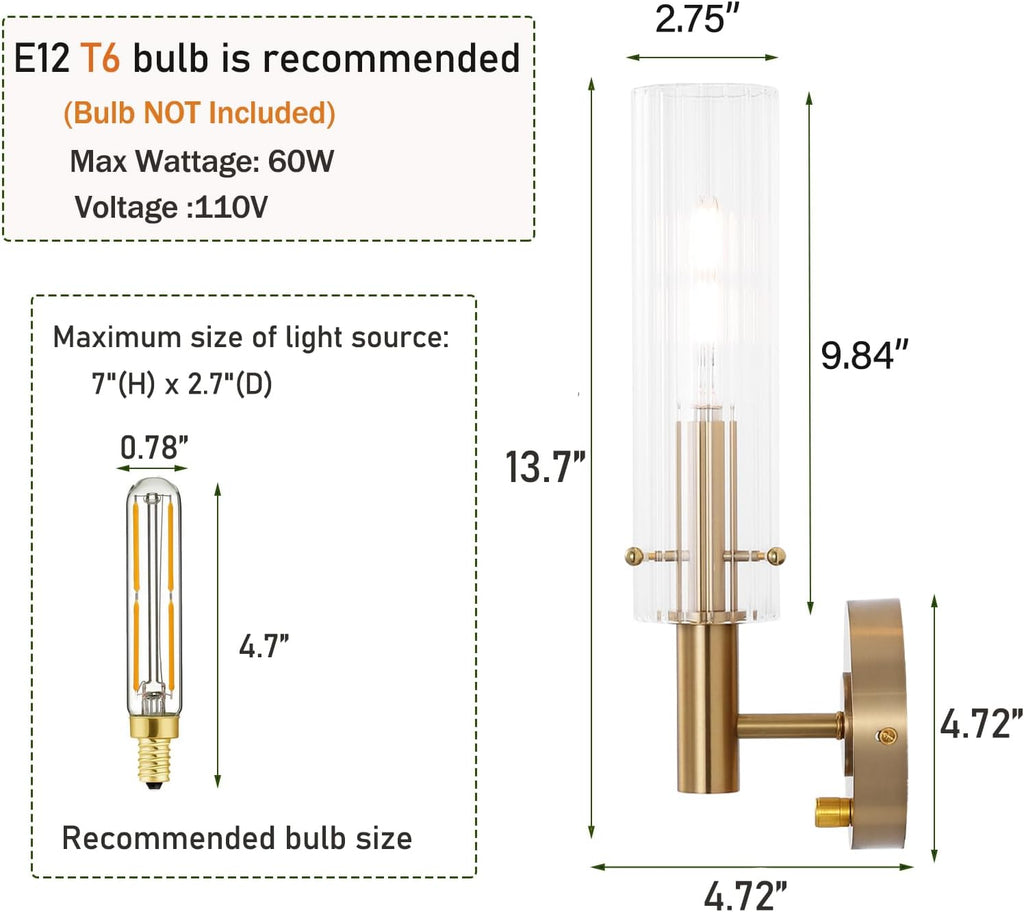 Modern Wall Sconces with Dimmer ON/Off Switch Gold Brushed Brass Bathroom Vanity Light Fixtures Striped Clear Glass