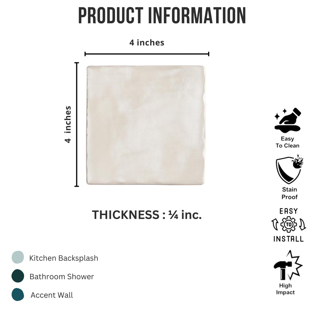 4x4 Inch HTCFD Premium Quality Almond Matte Zellige Ceramic Tile with Subtle Shimmer | Handmade Look Moroccan Square