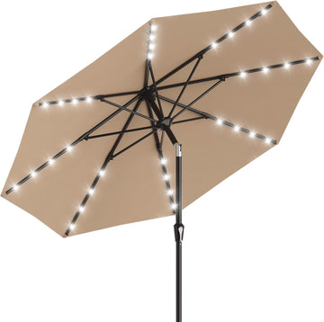 9FT Patio Umbrella with Solar Lights, 32 Lighted Pool Umbrella w/Tilt and Crank