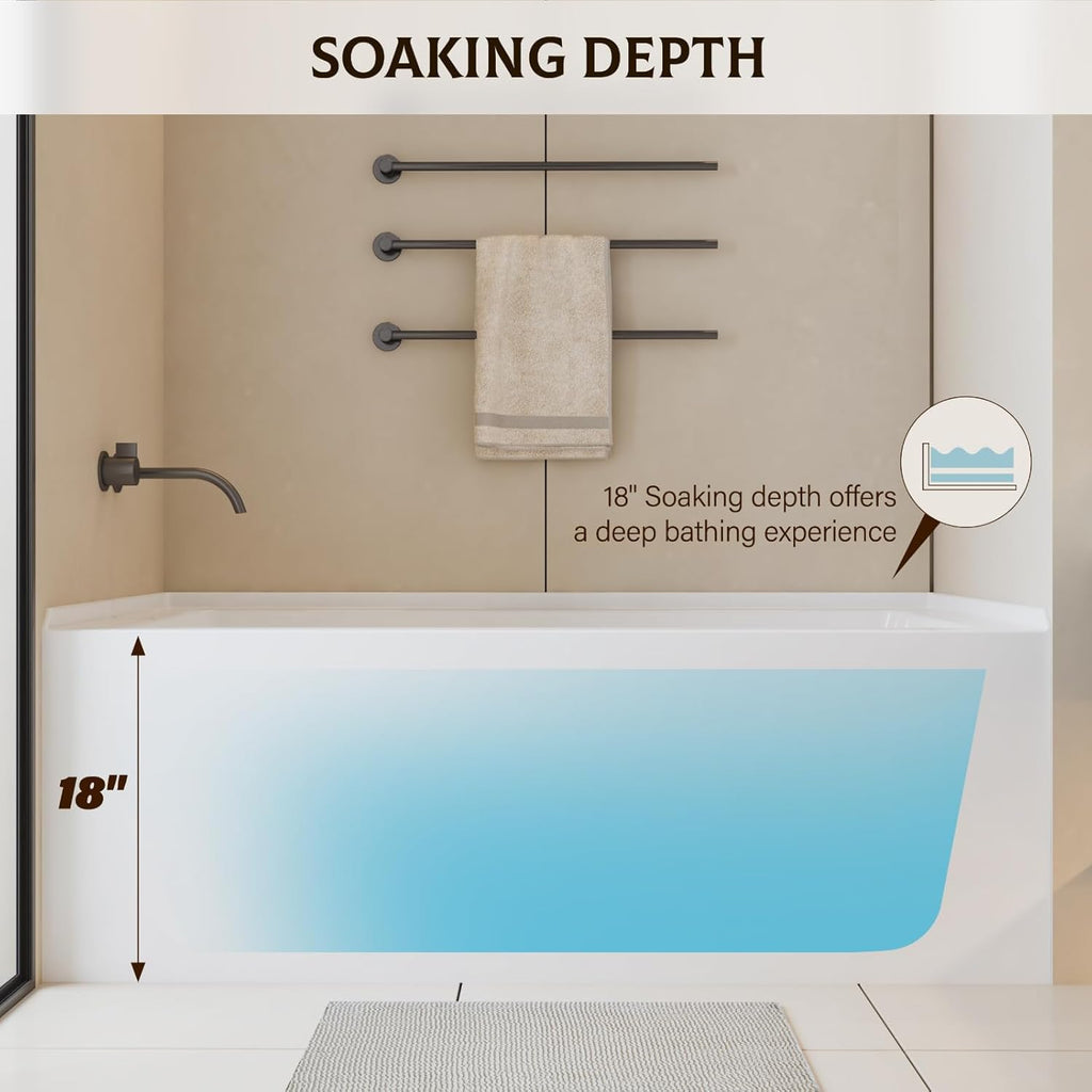 Acrylic Alcove Bathtub 60x30 Inch Rectangular Soaking Tub with Integral Apron Front, Right Drain Glossy White Brushed