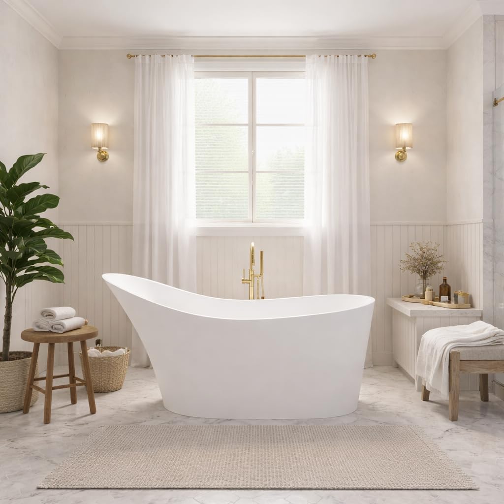 Tuasavi Series 68 in. x 29 in. Flat Bottom Solid Surface Freestanding Soaking Bathtub with Center Drain in Matte White