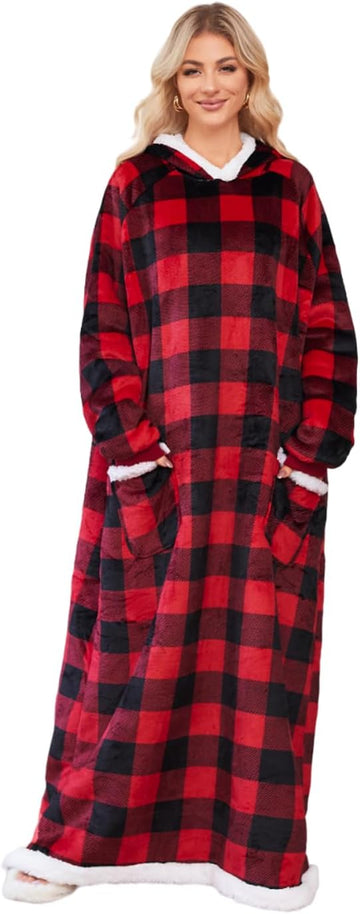 5FT Oversized Wearable Blanket Hoodie Flannel Sherpa Fleece Warm Cozy Christmas Wrap Throw Gifts for Adult