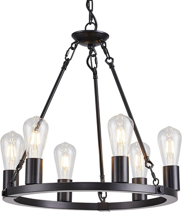 Inspired Camino Style Chandelier - Farmhouse 6 Lights Black Wagon Wheel Chandelier,Modern Vintage Round Pendant Light Fixture for Dining Room,Living Room, Entryway Foyer Kitchen Island, E26