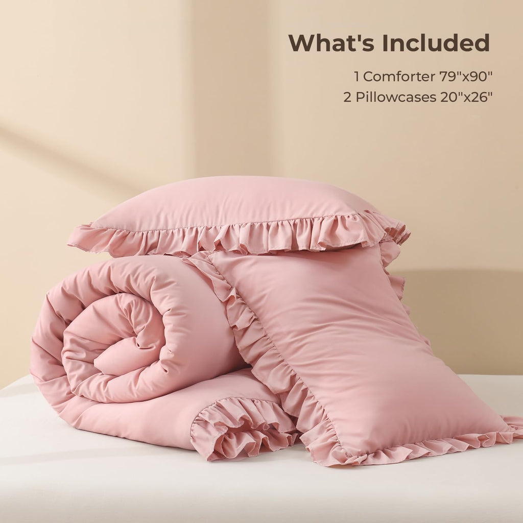 Comforter Sets, 3 Pieces Blush Pink Ruffle Girls Women Cute Bedding Comforters & Sets, Lightweight Fluffy