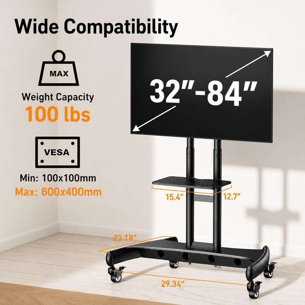 Rolling TV Stand for 32-84 Inch TV, Mobile TV Cart up to 100lbs, Adjustable Height Outdoor TV Cart with Heavy-Duty
