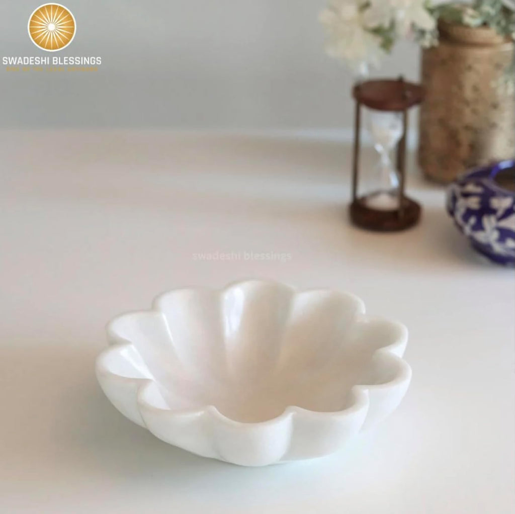 HandCrafted Marble Decorative Bowl | White Ruffle Scalloped Fluted Key/Fruit Ring Dish | Organic Modern Home Decor (6