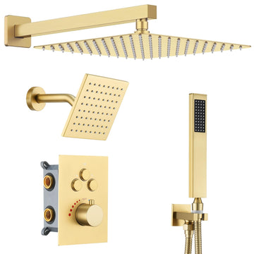 Thermostatic Dual Rainfall Shower System Brushed Gold Shower Fixtures