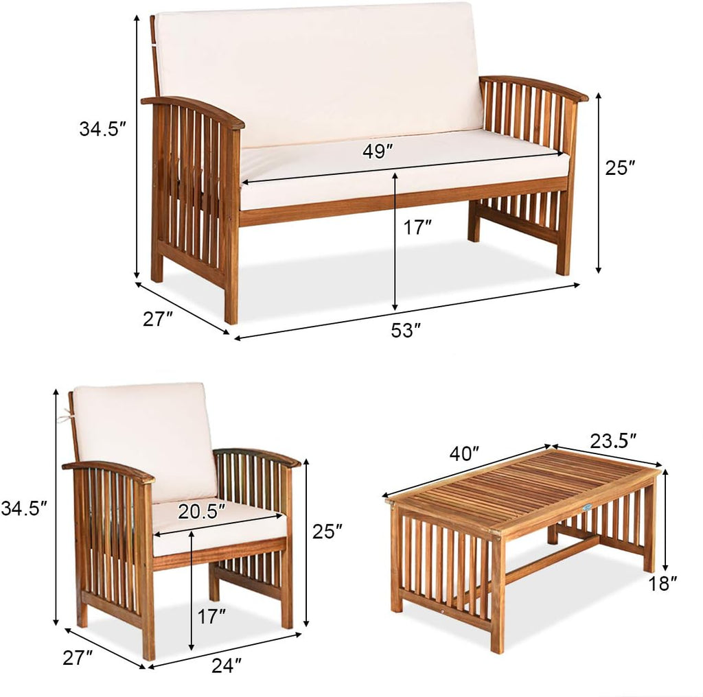 Outdoor 4 Pcs Acacia Wood Sofa Set w/Water Resistant Cushions, Padded Patio Seating Chat Set w/Coffee Table for