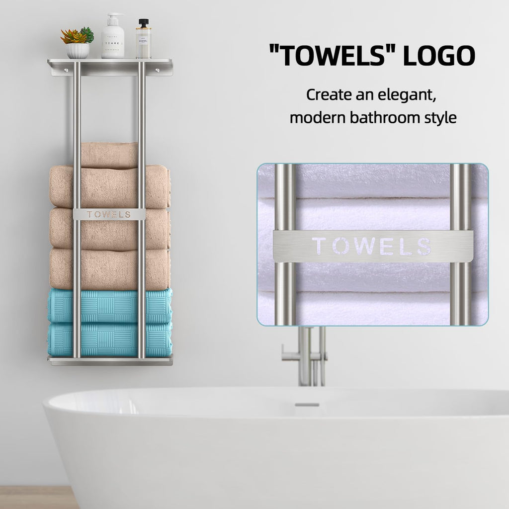 Bathroom Towel Storage , Wall Towel Rack for Rolled Towels, 30 inch Towel Holder Wall Mounted with Metal Shelf Can