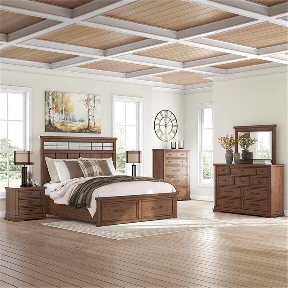 10-Drawer Double Dresser, 64 in Wide, Solid and Engineered Wood, Brown Finish, Picture Frame Detailing, Felt-Lined