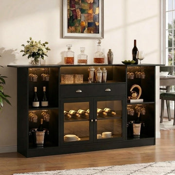 63" Coffee Bar Cabinet with Storage, Black Wine Cabinet with LED Lights | Bar Table with Storage Drawer & Glass