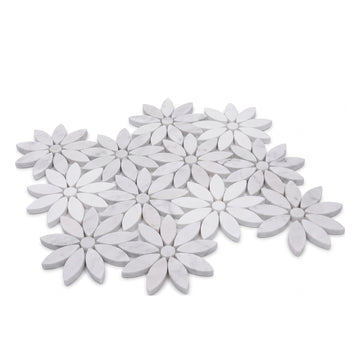 Daisy Flower Marble Mosaic Tile 10.4×12", White Shower Tile, Mesh Backing