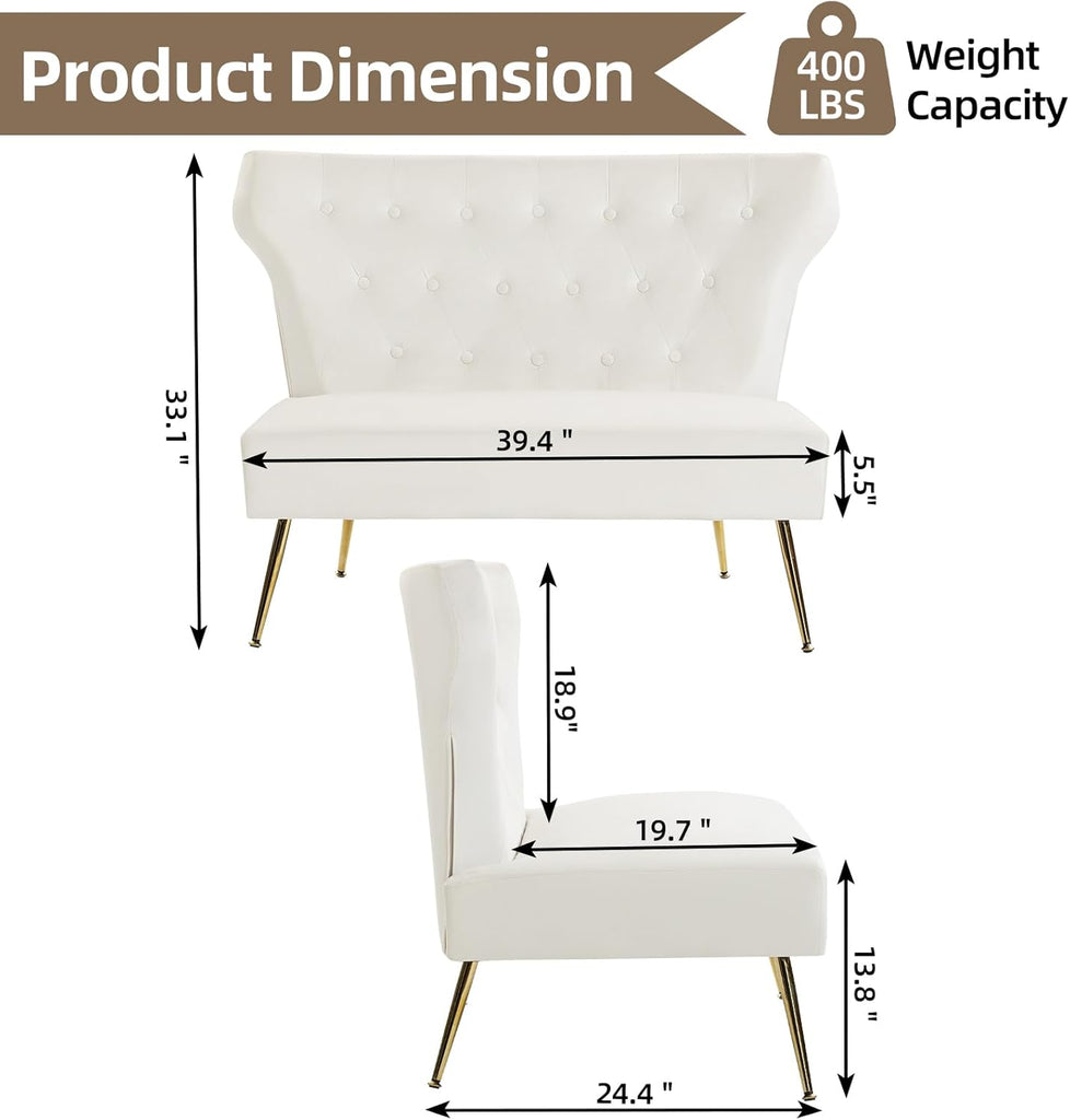 40 Inch White Velvet Loveseat, Armless Button-Tufted Couch with Gold Legs - Compact Modern Sofa
