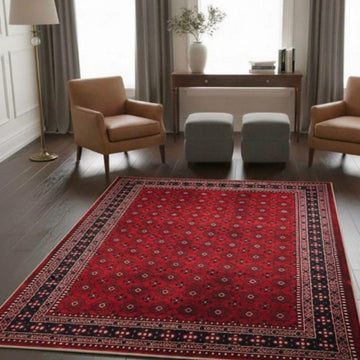 Traditional Torkaman-Inspired Area Rug, Overdyed Vintage Style, Dark Red & Dark Blue Gul Medallion Pattern, 5' x 7'