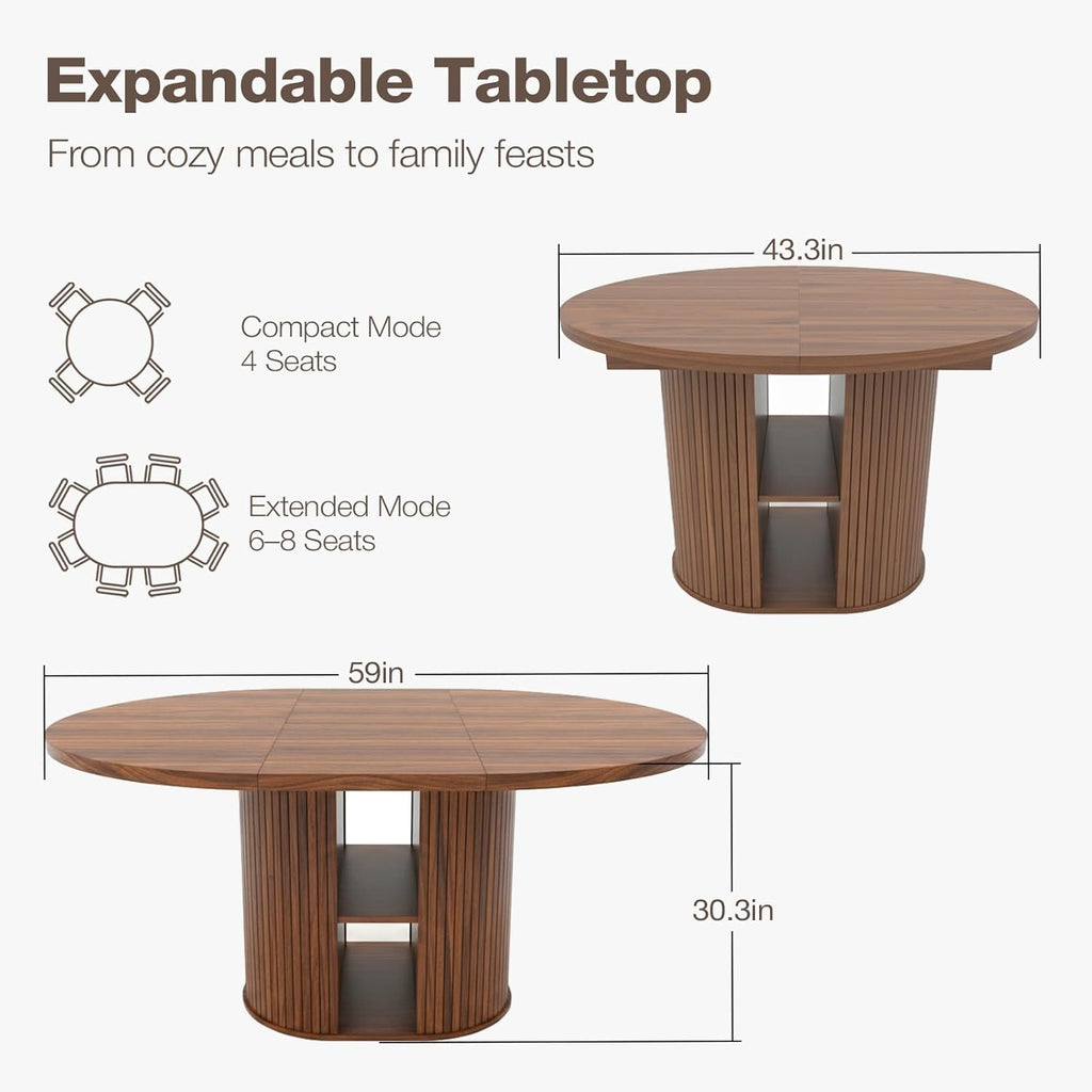 43.3'' - 59'' Extendable Round Dining Table for 4 - 8, Modern Wood Oval Kitchen Table with Storage Shelf