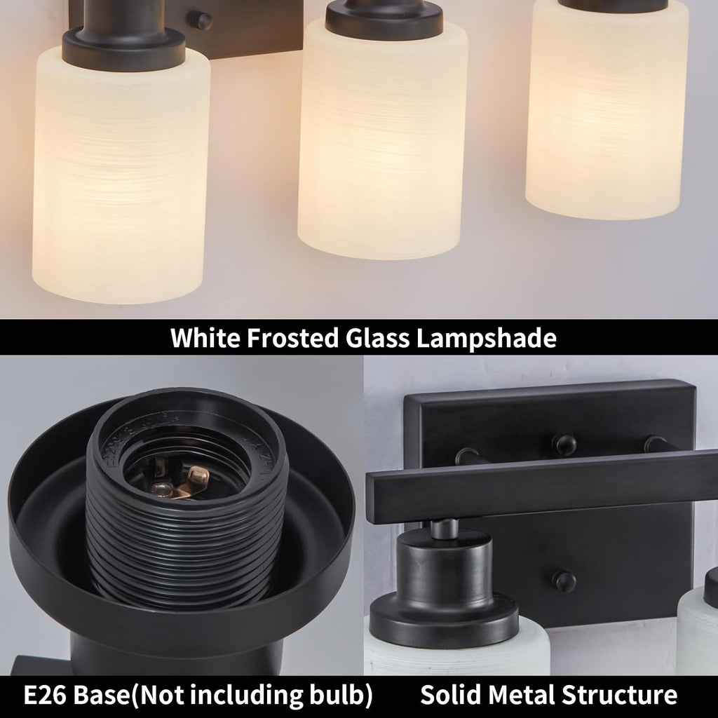 3-Light Bathroom Light Fixtures Over Mirror, Modern Matte Black Vanity Lights with White Frosted Glass Shade