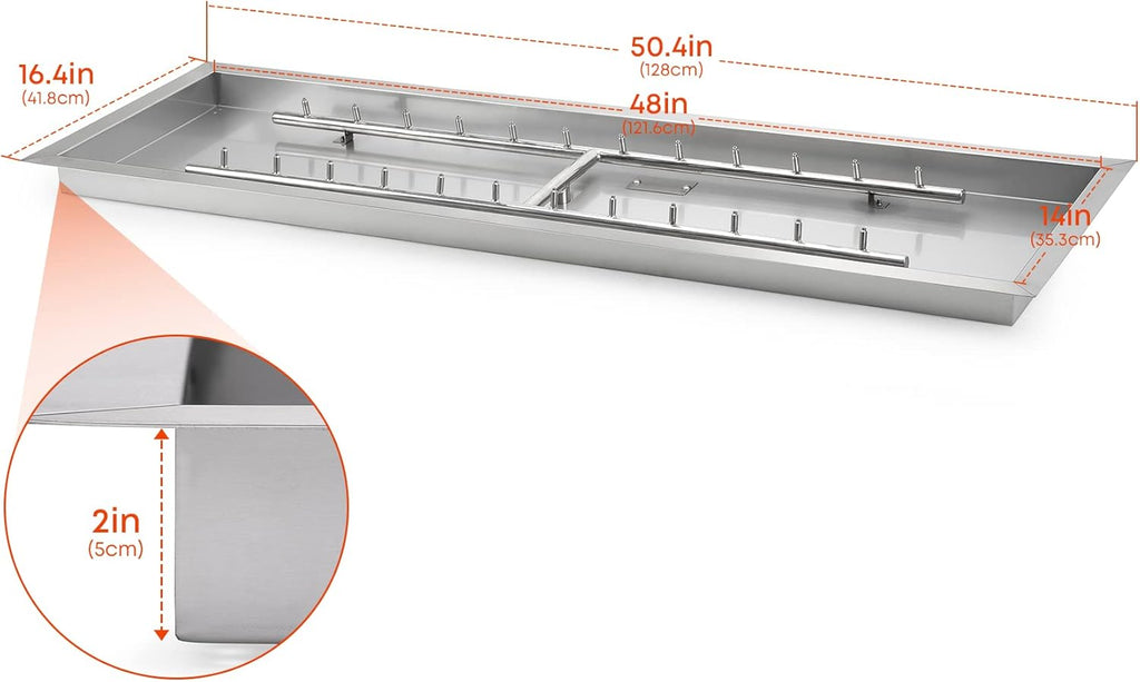 48 x 14 Inch Upgrade Rectangle Fire Pit Burner Pan Kit with H-Burner Natural Gas