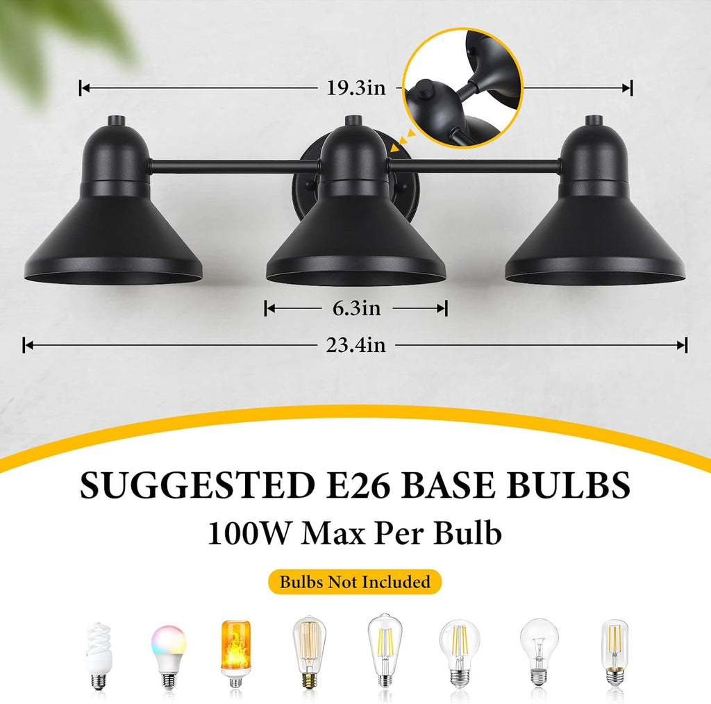 Bathroom Light Fixtures,3-Light Black Metal Vanity Light Over Mirror | Farmhouse Rustic Industrial Bathroom Vanity