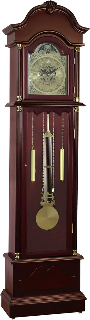 Grandfather Floor Clock, Cherry Finish, Pendulum with Gold Accents, Moon Phase Dial, 72 Inch Tall
