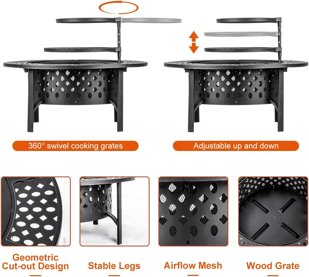 36 Inch Fire Pit with 2 Grills, Wood Burning Fire Pits for Outside with Lid, Poker and Round Waterproof Cover, BBQ& Outdoor Firepit & Round Metal - Image 8