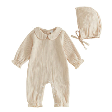 Newborn Coming Home Outfit Girl Baby Muslin Romper with Hat Hospital Set (Apricot, )