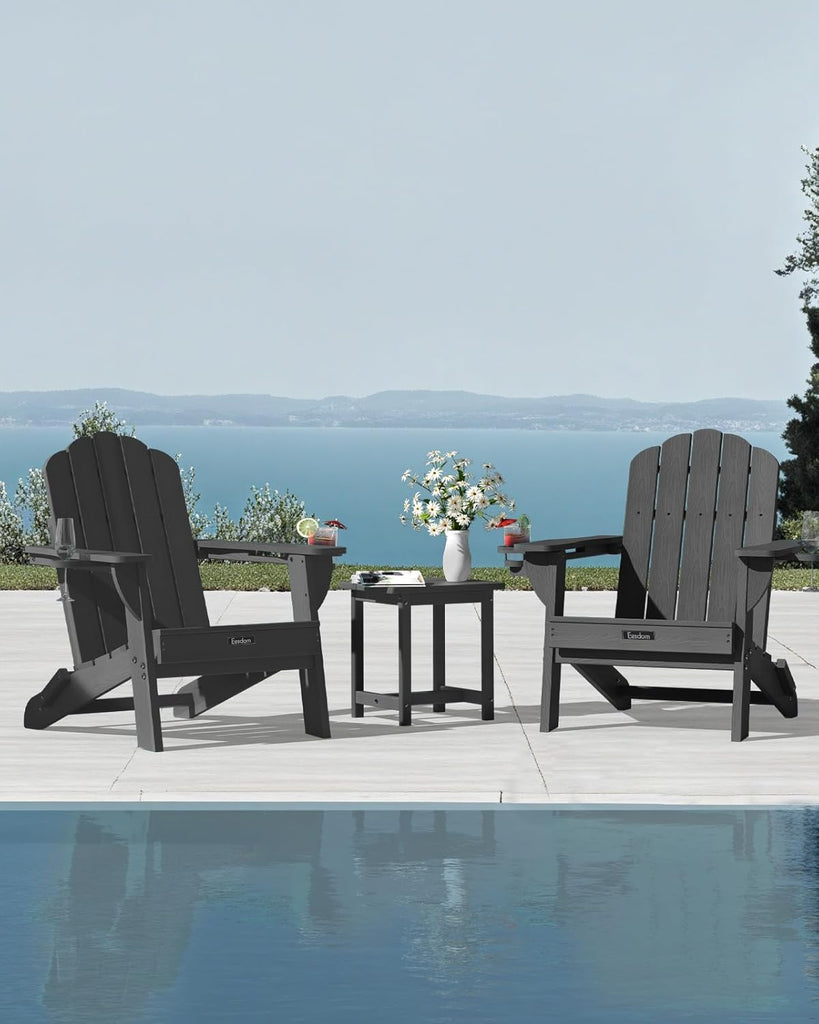 Folding Adirondack Chair, All-Weather HDPE Plastic Patio Chair with 2 Cup Holders, Wooden Textured Lawn Chair
