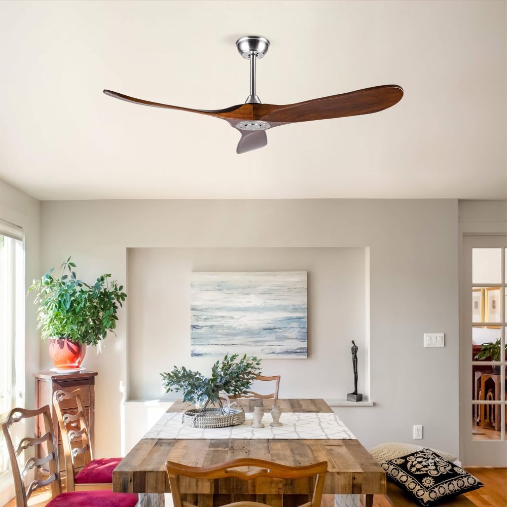 52 Inch Outdoor Ceiling Fan with Remote Control - Solid Wood 3 Blade, Water Resistant, Walnut