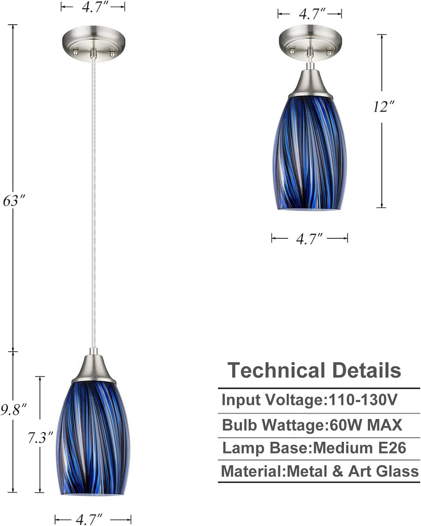 Dark Blue Glass Mini Pendant Lights for Kitchen Island 3Pack Blown Art Glass Pendant Lighting Shade Hanging Pendant