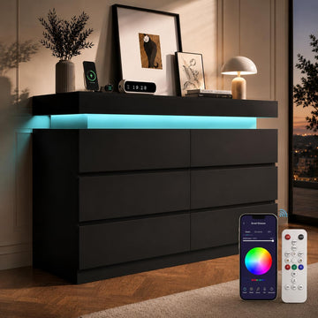 6 Drawer Dresser with LED Lights & Charging Station, Modern Floating Black Dresser , Smart Storage Chest with 2 AC